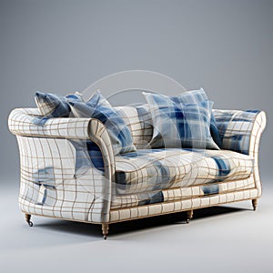 Modern 3d Rendered Sofa With Blue Plaid Upholstery