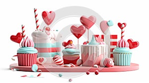 Modern 3D renders of Valentine's Day decorations for your home. Cake, cupcake, gift box, and heart.