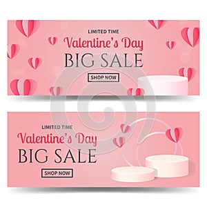 Modern 3d white podium stage decorated with paper hearts for Valentine celebration event banner.