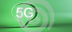 Modern 5G bubble on wide green background with mock up place. Fast internet speed and technology concept.