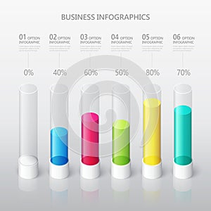 Modern abstract 3D cylindrical infographic template with six steps options. Business percentage graph template. EPS 10