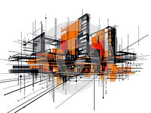 Abstract orange and black architecture exploding on white background