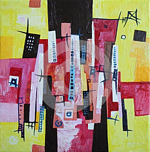 Modern Abstract Art - City Town Geometric Landscape - Yellow Red White Colors