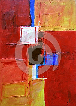 Modern Abstract Art - Painting - Geometric Squares - Orange Beige Blue Colors