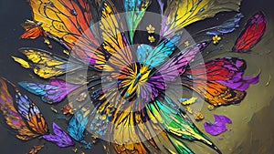 Modern Abstract Art Using a Vibrant Butterfly and Flower Effect Evolving into Colorful 3D Like Dynamic Thick Oil Splash, Spray and