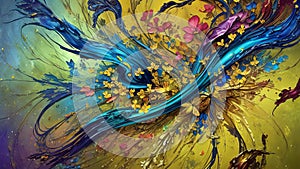 Modern Abstract Art Using a Vibrant Butterfly and Flower Effect Evolving into Colorful 3D Like Dynamic Thick Oil Splash, Spray and