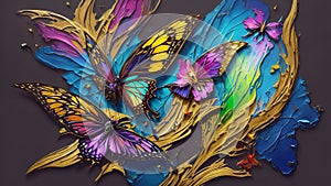 Modern Abstract Art Using a Vibrant Butterfly and Flower Effect Evolving into Colorful 3D Like Dynamic Thick Oil Splash, Spray and