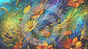 Modern Abstract Art Using a Vibrant Butterfly and Flower Effect Evolving into Colorful 3D Like Dynamic Thick Oil Splash, Spray and