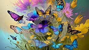 Modern Abstract Art Using a Vibrant Butterfly and Flower Effect Evolving into Colorful 3D Like Dynamic Thick Oil Splash, Spray and