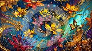 Modern Abstract Art Using a Vibrant Butterfly and Flower Effect Evolving into Colorful 3D Like Dynamic Thick Oil Splash, Spray and