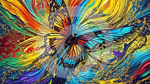 Modern Abstract Art Using a Vibrant Butterfly and Flower Effect Evolving into Colorful 3D Like Dynamic Thick Oil Splash, Spray and