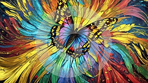 Modern Abstract Art Using a Vibrant Butterfly and Flower Effect Evolving into Colorful 3D Like Dynamic Thick Oil Splash, Spray and