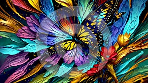 Modern Abstract Art Using a Vibrant Butterfly and Flower Effect Evolving into Colorful 3D Like Dynamic Thick Oil Splash, Spray and