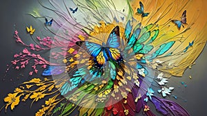 Modern Abstract Art Using a Vibrant Butterfly and Flower Effect Evolving into Colorful 3D Like Dynamic Thick Oil Splash, Spray and