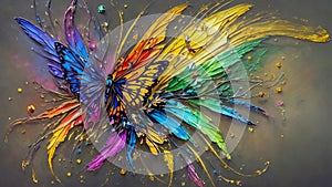 Modern Abstract Art Using a Vibrant Butterfly and Flower Effect Evolving into Colorful 3D Like Dynamic Thick Oil Splash, Spray and