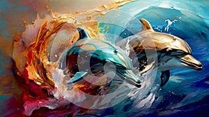 Modern Abstract Art Using Vibrant Jumping Dolphins Evolving into Colorful 3D Like Dynamic Thick Oil Splash, Spray and