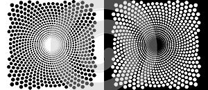 Modern abstract background. Halftone dots in circle, design element. Black shape on a white background and the same white shape on