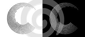 Modern abstract background. Halftone dots in circle form. Letter C like logo, icon or design element. Black dots on a white