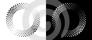 Modern abstract background. Halftone dots in circle form. Round logo. Vector dotted frame. Design element or icon. Black shape on