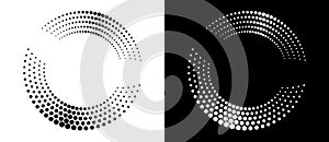 Modern abstract background. Halftone dots in circle form. Round logo. Vector dotted frame. Design element or icon. Black shape on