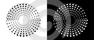 Modern abstract background. Halftone dots in circle form. Sun concept. Vector dotted frame. Design element or icon. Black shape on