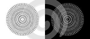 Modern abstract background. Halftone dots in circle form. Sun concept. Vector dotted frame. Design element or icon. Black shape on