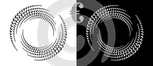 Modern abstract background. Halftone EURO sign in circle form. Round logo. Design element or icon. Black shape on a white