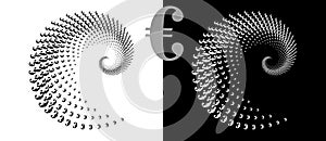 Modern abstract background. Halftone EURO sign in spiral. Round logo. Design element or icon. Black shape on a white background