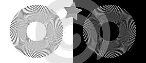 Modern abstract background. Halftone stars in circle form. Round logo. Vector dotted frame. Design element or icon. Black stars on