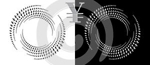 Modern abstract background. Halftone YEN sign in circle form. Round logo. Design element or icon. Black shape on a white