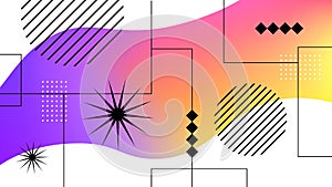 Modern Abstract Background Illustration. Purple-Yellow Gradient Wavy Line with Geometric Shapes of Circles, Stars and