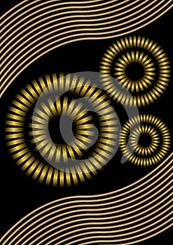 Modern abstract background with metallic circle elements and waves.