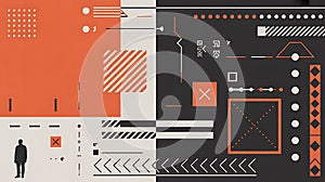 Modern Abstract Background: Orange, Black, White Geometric Patterns & Data UI Elements