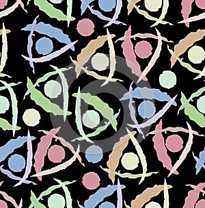 Modern abstract background seamless tile with grunge triangle and circle patterns in pink, green, blue and beige colors