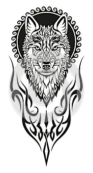 Modern abstract character wolf head black drawing on white background for print design.