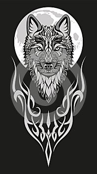 Modern abstract character wolf head drawing on black background for print design.