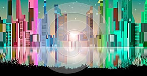 Modern abstract colorful city with reflection in water and black land silhouette. City with star, conceptual illustration