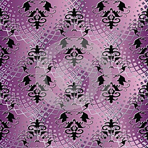 Modern abstract damask seamless pattern. Violet pink tiled background wallpaper with lattice, lace, circles, shapes. Vintage