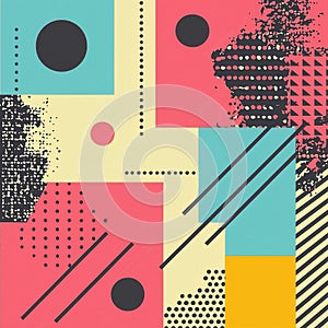 Modern abstract design with overlapping geometric shapes, vibrant tones, and textured patterns