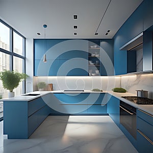 Modern abstract designed kitchen in blue, with cocobolo wood details