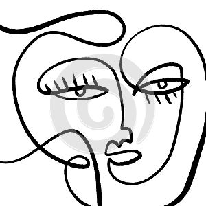 Modern Abstract Face Portrait Linear Ink Brush Line Art Current Contemporary Painting Fashion Vector Illustration Clipart photo