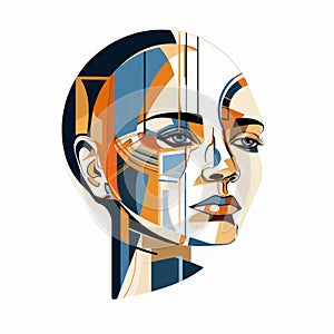 Modern Abstract Female Robo Head: Symmetrical Asymmetry In Blue And Amber