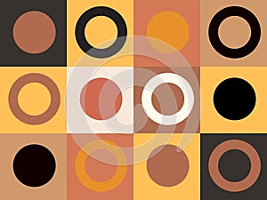 Modern abstract geometric shapes composition in terracotta , black and white tones with squares and circles .