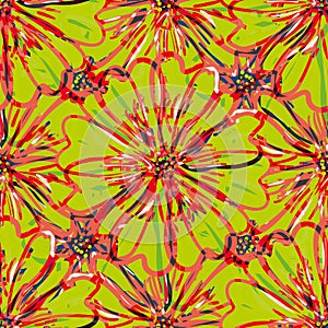 Modern abstract gerbera daisy flower seamless pattern background. Painterly repeat, tropical red green backdrop