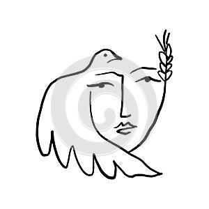 Modern abstract line art face woman portrait silhouette, pigeon freedom symbol. photo