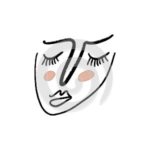 Modern abstract line face portrait, linear brush art. Picasso inspired style. Lineart human symbol, contemporary cubism sketch,