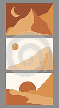 Modern abstract minimalist landscape posters. Desert, sun and moon. Day and night scene. Pastel colors, earth tones.