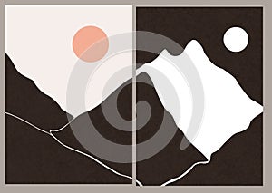 Modern abstract minimalist landscape posters. Desert, sun and moon. Day and night scene. Pastel colors, earth tones.