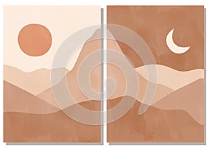 Modern abstract minimalist landscape posters. Desert, sun and moon. Day and night scene. Pastel colors, earth tones.