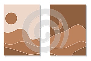 Modern abstract minimalist landscape posters. Desert, sun and moon. Day and night scene. Pastel colors, earth tones.